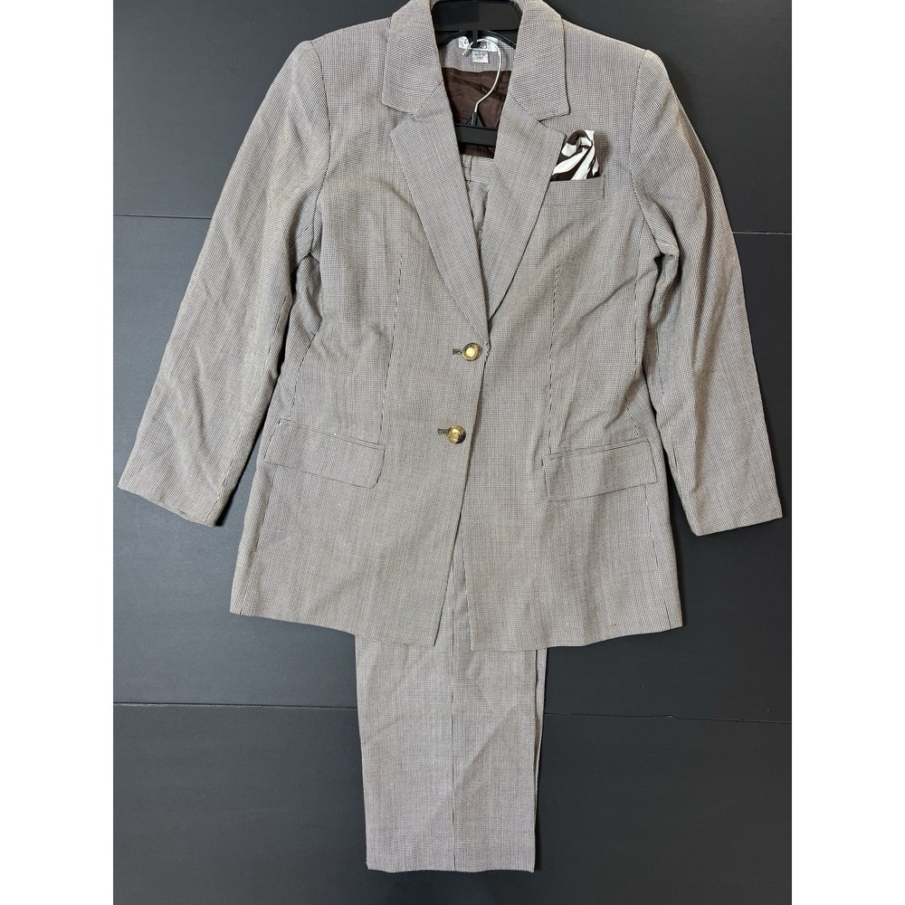 Vintage Emily Pant Suit 2pc Women's 8 Brown White Print Business Preppy Formal‎
